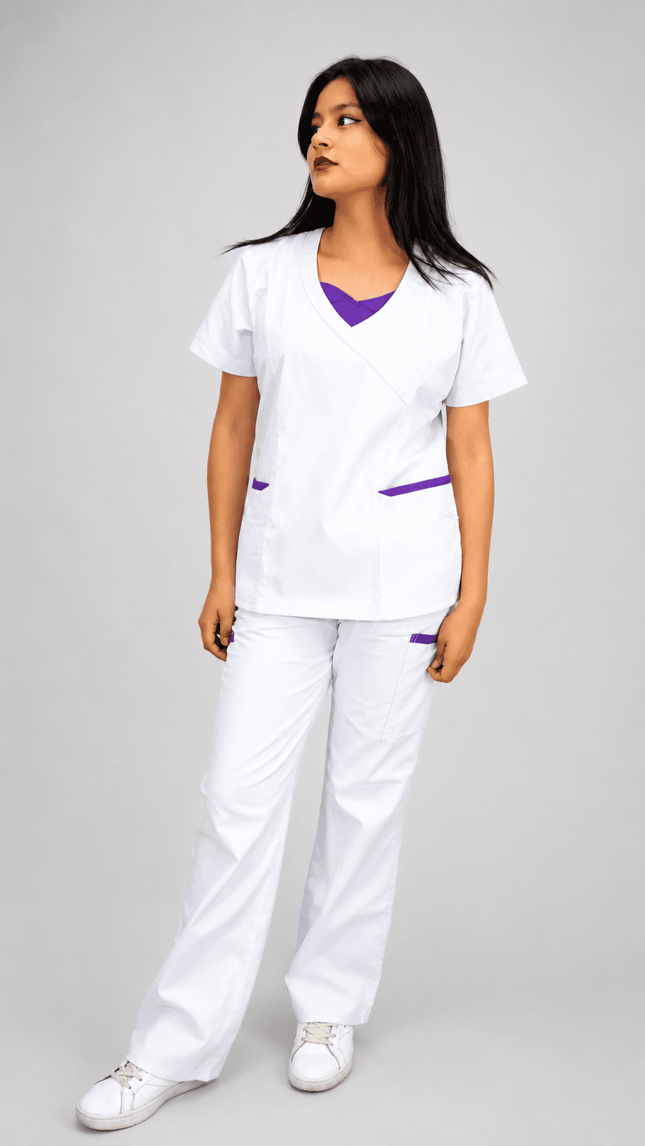 Uniforme Médico Premium Blanco con Detalles Morados para Mujer Uniforme Médico Premium Blanco con Detalles Morados para Mujer